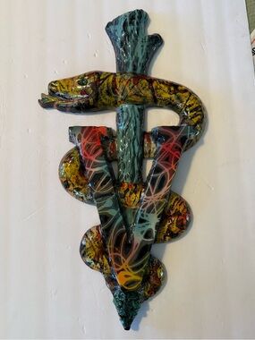 Rare Veterinarian Caduceus Metal Wall Art Hanging Sculpture  21”x11.5”.
